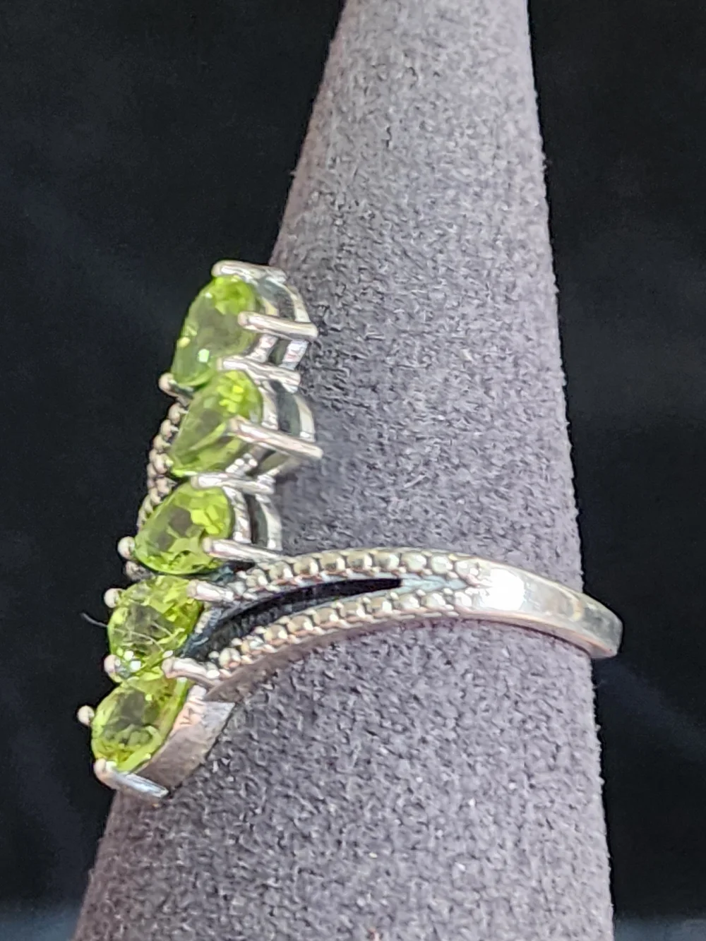 925 Sterling Silver Peridot Bypass Ring Cluster 5 Stone Pear Cut Teardrop Green